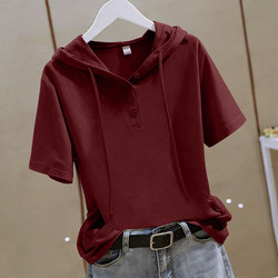 95% Cotton Hooded Short-Sleeve T-Shirt for Women, Summer 2026 New Style, Fashionable, Simple, Versatile, Loose, Tummy-Covering, Casual Top