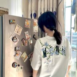 ins Printed Vine Floral Print Short-Sleeved T-Shirt for Couples American Heavy-Duty Trendy Brand Retro Summer New Student Uniform