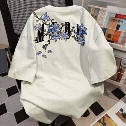 White Heavyweight Short-Sleeved T-Shirt for Men and Women in Summer Round Neck Loose Trendy Brand ins Printed Tops Student Versatile T-Shirts