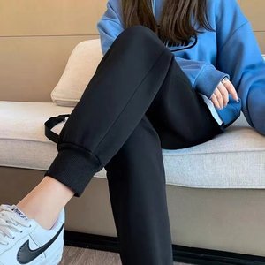 Black sweatpants for women in winter plus velvet loose tying feet spring and autumn new style sweatpants for small nine-point slim casual pants