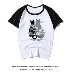 Charity companion cat pure cotton shovel T-shirt short-sleeved love volunteer pet summer wear black and white cat trendy top t