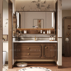 French-Style Vintage Rubberwood Bathroom Cabinet Set with Solid Wood Washbasin and Integrated Ceramic Sink