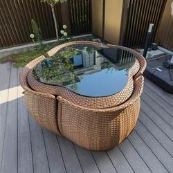 Outdoor Tables and Chairs Courtyard with Umbrella Outdoor Open-Air Balcony Teng Weaving Yard Garden Waterproof Sun Protection Tea Table Rattan Chair