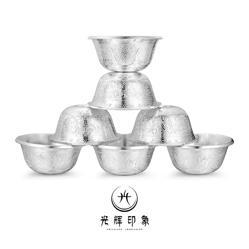 s990纯银供水碗手工刻花净水碗7个装净水杯银供杯套装银碗摆件-Taobao