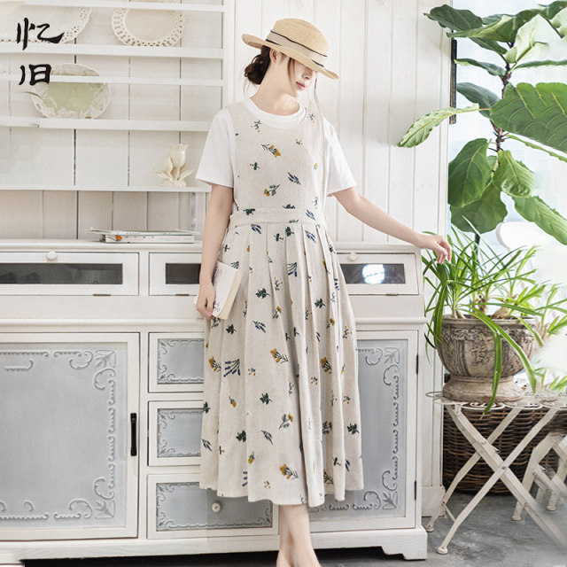 Spot linen embroidered sleeveless dress for women long skirt 2024 summer round neck vest skirt