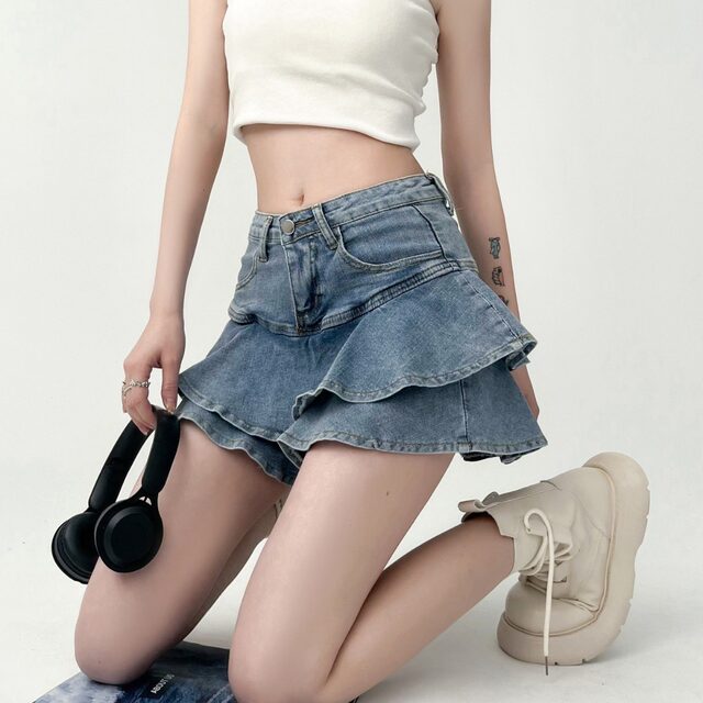 Sunshine girl anti-exposure double-layer hot girl denim skirt large size high waist a-line cake ruffled miniskirt