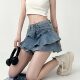 Sunshine girl anti-exposure double-layer hot girl denim skirt large size high waist a-line cake ruffled miniskirt