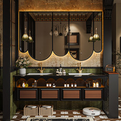 High-End French-Style Mid-Century Rock Slab Bathroom Cabinet Set with Double Sink for Washing Hands and Face