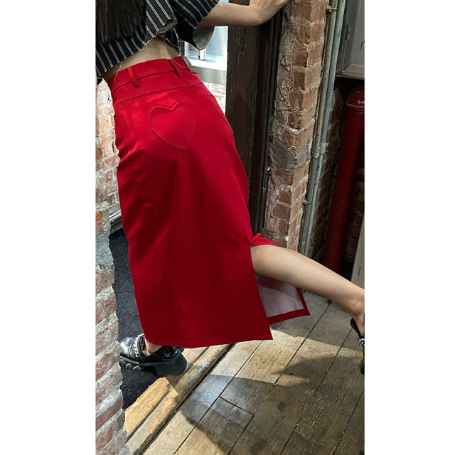 West Kowloon Spring and Autumn New Product High Waist Loose Heart Straight One Step Skirt Slit Half-length Skirt Red Slimming Women