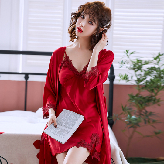 Lezimeng レディース レッド アイスシルク パジャマ セット - セクシー