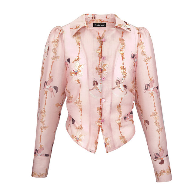 Jungle me pink rotating wooden horse print shirt retro waist bubble sleeve long -sleeved temperament niche design