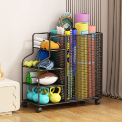 Yoga Mat Storage Basket, Home Fitness Equipment Storage Rack with Wheels, Basketball and Badminton Gap Storage Rack