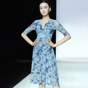 2025 autumn new French semi-transparent burnt mesh V-neck waist-closing slimming mid-sleeved A-line printed dress for women