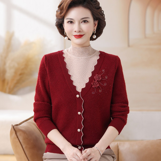 Mother's winter wool sweater top plus velvet sweater middle-aged and elderly women's winter warm holiday two-piece bottoming shirt