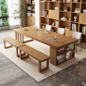 
Living room large long desk with bookcase integrated writing desk home log simple modern creative desk workbench