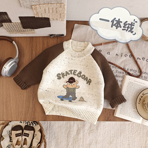 
Children's all-in-one velvet sweater for baby boys in autumn and winter plus velvet thickened warm sweater round neck pullover for baby boy cute