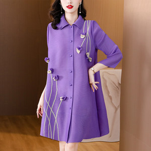 
High-end pleated dress 2025 spring and autumn new temperament large size solid color loose shirt a-line cardigan skirt