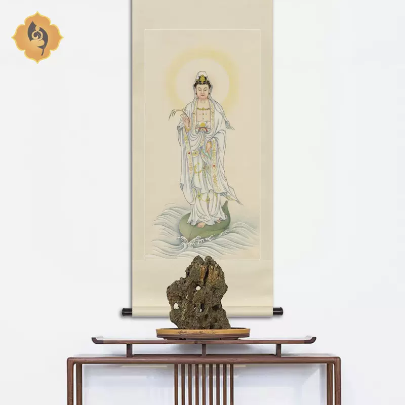 工笔人物国画华严三圣释迦三尊文殊普贤菩萨画像水陆画中式卷轴画