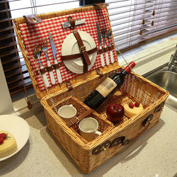 Cross-Border Wicker Picnic Basket with Lid, Ins-Style Rattan Hand-Held Gift Basket, Outdoor Camping Complete Set of Insulated Picnic Basket