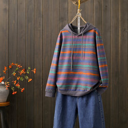 Spring New Fashion Rainbow Striped Hooded Sweatshirt Women's Long-Sleeved Pullover Hoodie Loose Casual Top Rz