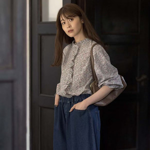 25 exquisite daily singles jointly branded YUB*I autumn new women's floral ruffled stand-up collar pure cotton long-sleeved shirt