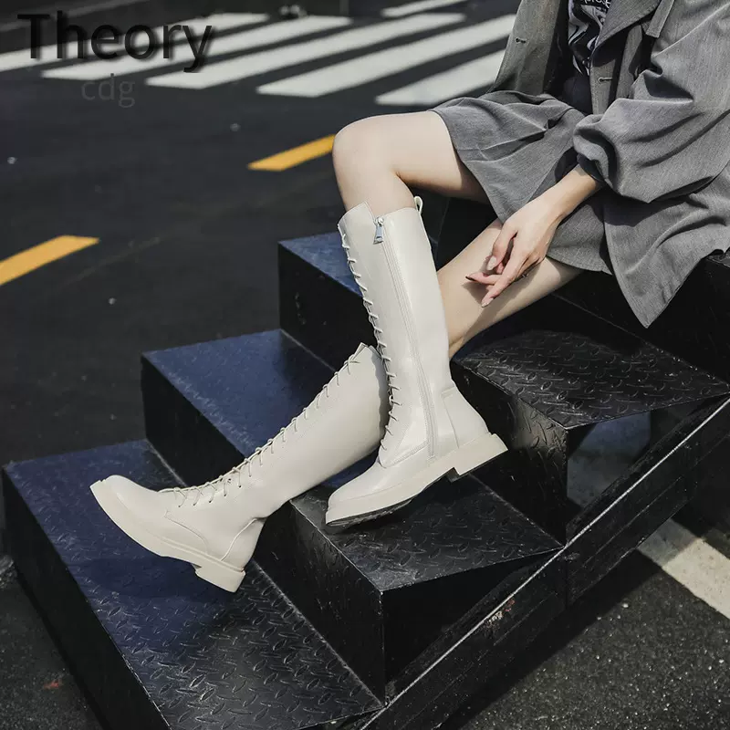 Theory CDG代购~法式高级感秋冬骑士靴女白色靴舒适增高高筒长靴-Taobao