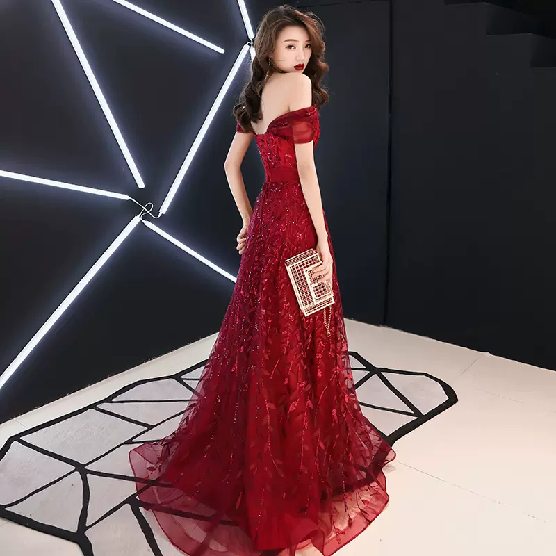 敬酒服新娘2023新款酒红色结婚礼服裙高级感仙气质小拖尾晚礼服裙-Taobao