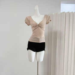 Popw Angel Skin 2.0 Tencel Wool V-Neck Twisted Short Sleeve T-Shirt for Women Spring/Summer Casual Slimming Top