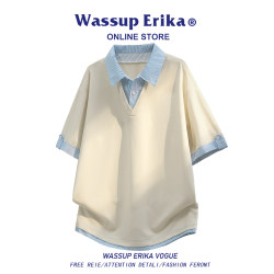 Wassup Erika Fake Two-Piece Polo Shirt Short-Sleeved Summer Men's High-End New Loose Striped T-Shirt Trendy