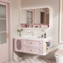 Dopamine-Style Cherry Blossom Pink Oak Lacquer Smart Bathroom Cabinet with Integrated Ceramic Washbasin Cabinet Set
