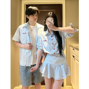 Niche design love couple dress summer Korean short -sleeved shirt men and women dress French skirts, one clothes ins tide