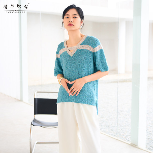 Pan Huaerzi high-end custom hand-woven new summer style short front and long contrasting color pullover short sleeve V-neck thin model