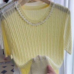 Summer New Heavy-Duty Twist-Knit Round-Neck Knitwear with Pearl Sequins, Short-Sleeve T-Shirt with Sweet Design for Women