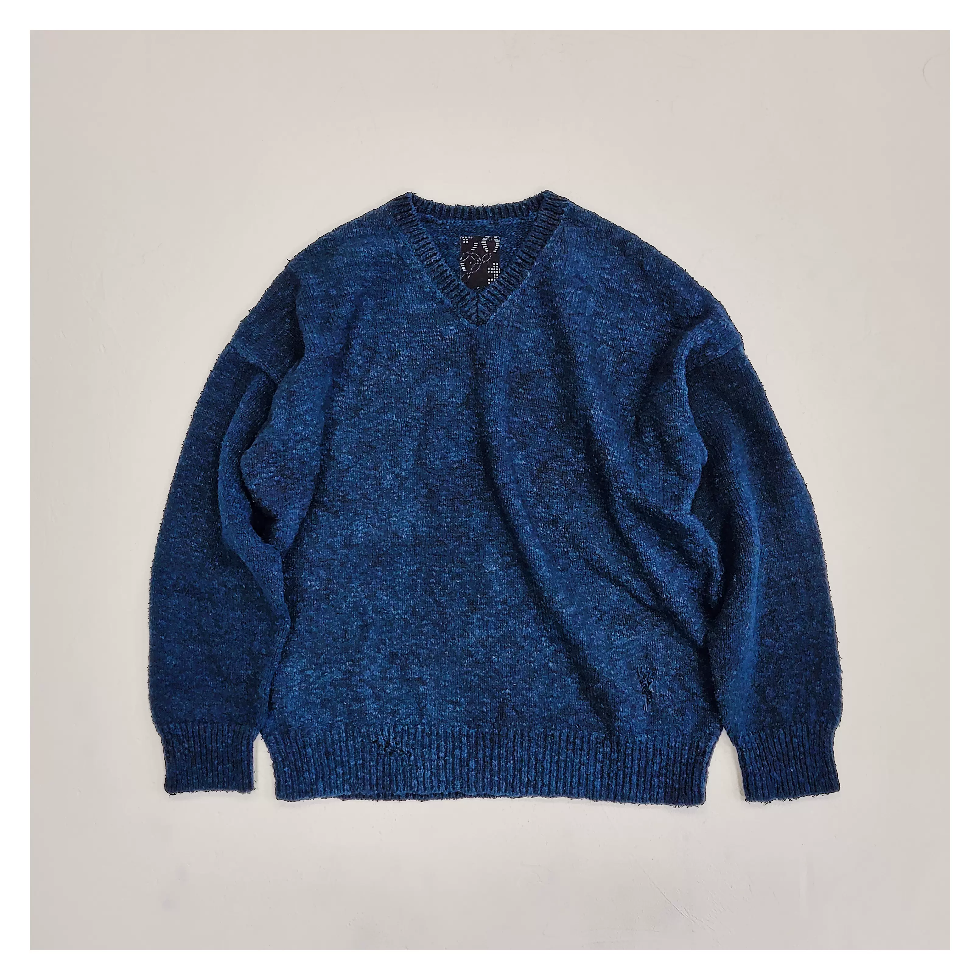 现货VISVIM 21AW ICT AMPLUS V-NECK L/S 蓝染破坏V领针织衫-Taobao