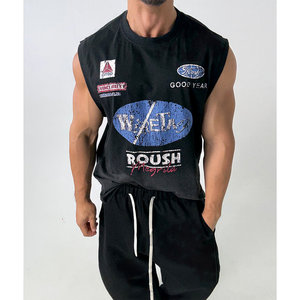 
240g weight pure cotton! Washed and distressed retro small neckline looks strong loose sleeveless T-shirt vest trendy men kpop