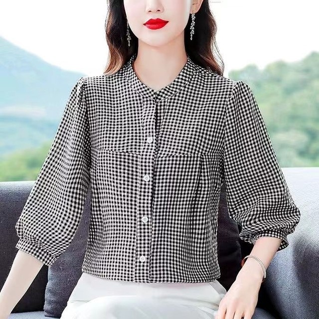 Fashionable quarter-sleeved plaid shirt for women in spring and summer new versatile pure cotton shirt fashionable mid-sleeved mother top