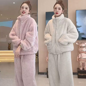 慵懒风立领加绒加厚居家服两件套保暖套装韩版纯色宽松睡衣2024冬