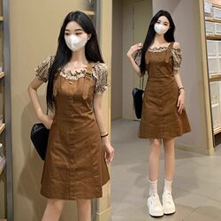 Plus-Size Short-Sleeved Dress for Women, Summer Plaid Patchwork Faux Two-Piece Short Dress, Slightly Chubby mm Vintage Waist-Cinching Elegant Dress