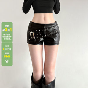 
WEEKEEP street hot girl Japanese buckle rivet belt design leather pants versatile sexy tight hip shorts trendy