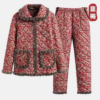 Two-piece cotton-padded jacket set, velvet warm winter clothing for middle-aged and elderly people