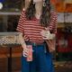 Red striped polo collar T-shirt short-sleeved women's summer American shirt age-reducing lapel front shoulder top 0326u