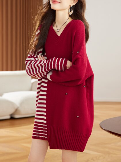 
2025 New Year's popular red animal year loose v-neck lazy style sweater mid-length asymmetrical stripes