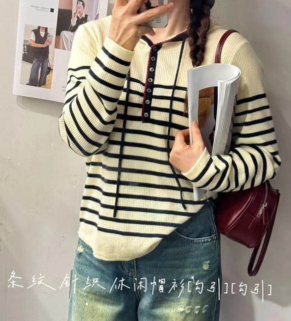 Saint Shilian 8209 Slim red line lace striped hooded sweater women ...