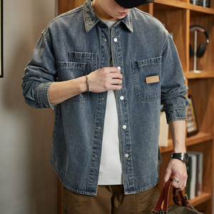 
American retro washed denim shirt men's spring new trendy brand splicing loose handsome work shirt jacket