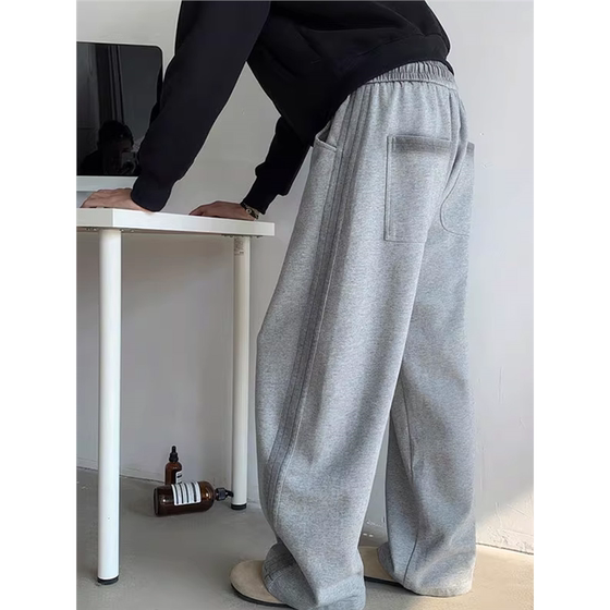 
Gray velvet scimitar sweatpants men's autumn and winter cleanfit casual sports pants loose straight wide leg trousers