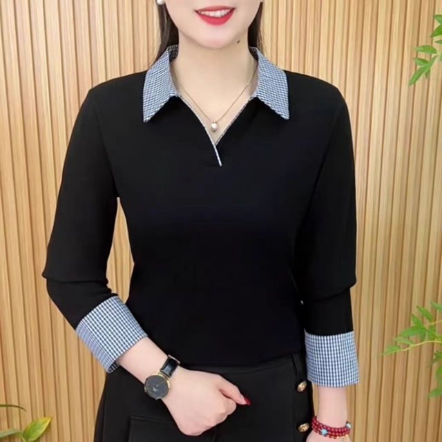 2025 spring fashionable and fashionable large-size T-shirt new product simple lapel contrasting color versatile slim mother top