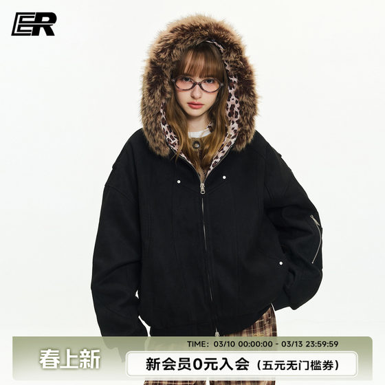 
ER leopard print hooded fur collar work jacket autumn and winter national trend retro street couple cotton jacket same style for men and women