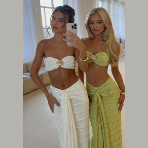 KLIOU 欧美辣妹风肌理感抹胸小背心系带显瘦高腰包臀半身裙两件套
