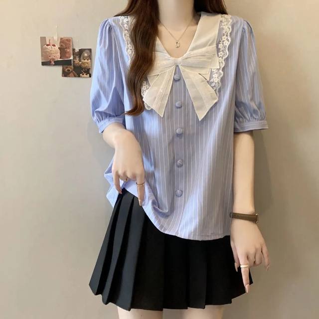 French bow striped short-sleeved shirt for women in summer large size fat mm slimming and high-end high-end doll collar top