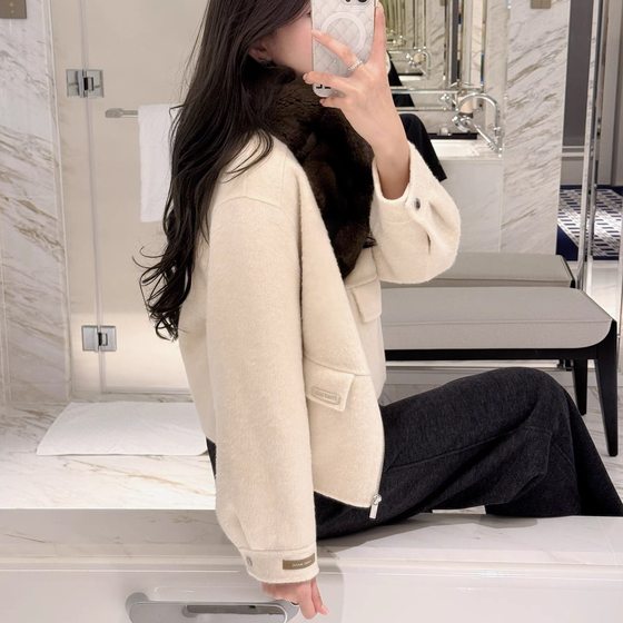 
RUBBIT high-quality Alxa camel hair, elegant shoulder line, double-sided woolen short coat, loose coat for women